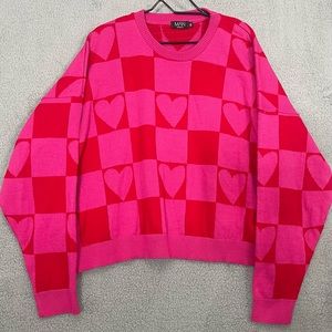Boohoo Man XL Oversized Pink Heart Checkerboard Sweater